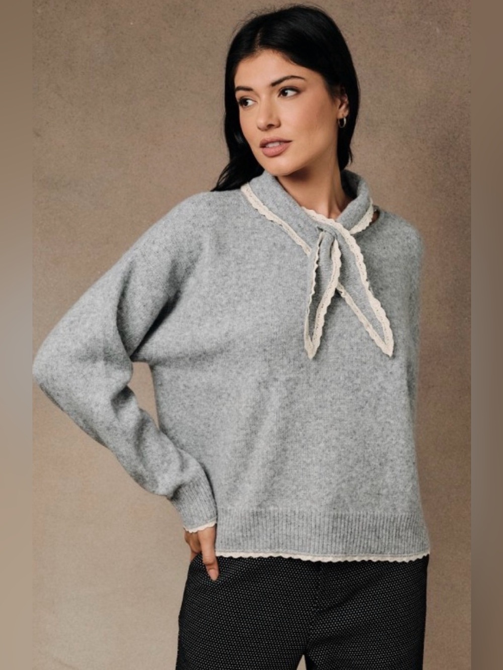 Women's Heather Gray Crewneck Sweater with Cream Tie Detail